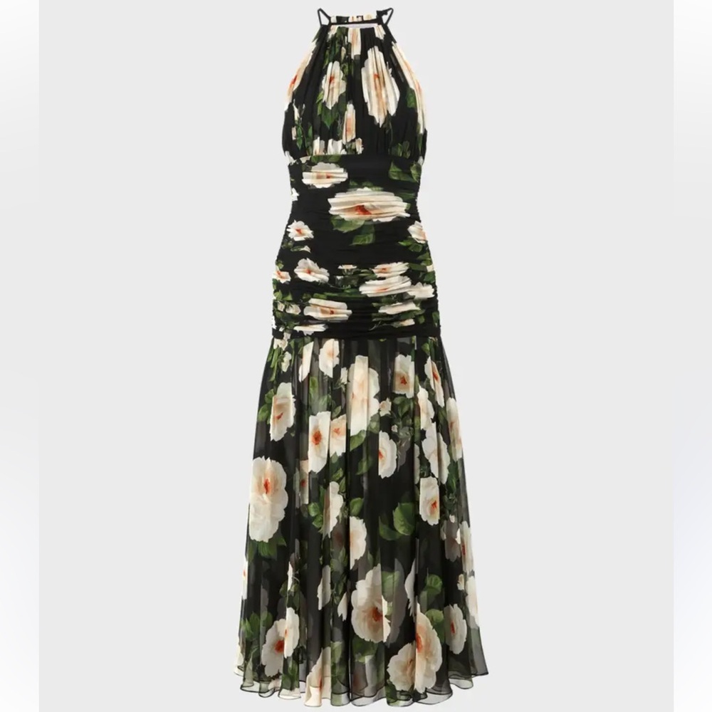 Carolina Herrera Womens Halter Neck Gathered Silk Midi Dress Floral Black - Picture 3 of 9
